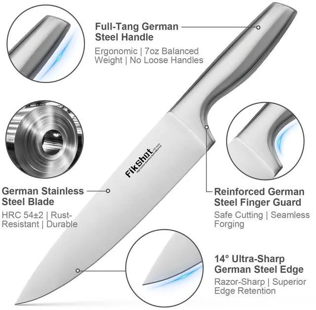 Alt view image 4 of 7 - FIKSHOT 14 Pieces Knife Block Set German Stainless Steel with Block, Razor-Sharp Santoku Knives, Fruit & Kitchen Knives, Rust Resistant for Homecooks (Silver + Walnut)
