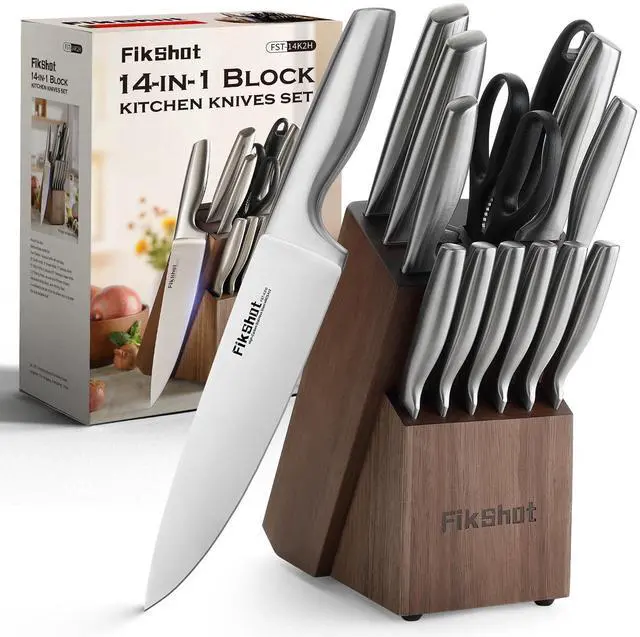 Main image of FIKSHOT 14 Pieces Knife Block Set German Stainless Steel with Block, Razor-Sharp Santoku Knives, Fruit & Kitchen Knives, Rust Resistant for Homecooks (Silver + Walnut)