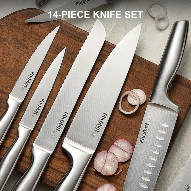 Alt view image 7 of 7 - FIKSHOT 14 Pieces Knife Block Set German Stainless Steel with Block, Razor-Sharp Santoku Knives, Fruit & Kitchen Knives, Rust Resistant for Homecooks (Silver + Walnut)