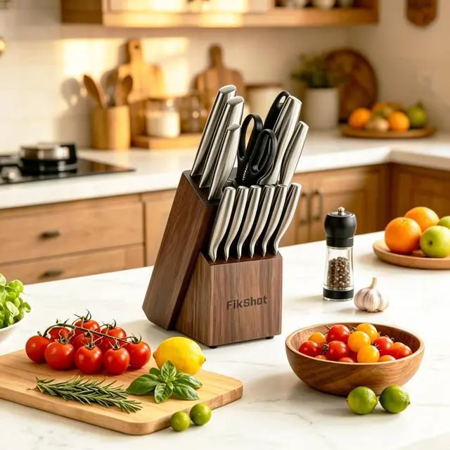 Alt view image 2 of 7 - FIKSHOT 14 Pieces Knife Block Set German Stainless Steel with Block, Razor-Sharp Santoku Knives, Fruit & Kitchen Knives, Rust Resistant for Homecooks (Silver + Walnut)