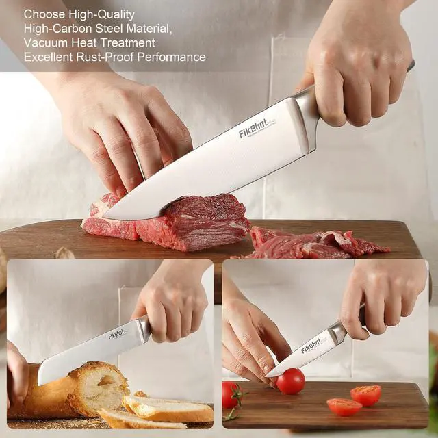 Alt view image 5 of 7 - FIKSHOT 14 Pieces Knife Block Set German Stainless Steel with Block, Razor-Sharp Santoku Knives, Fruit & Kitchen Knives, Rust Resistant for Homecooks (Silver + Walnut)