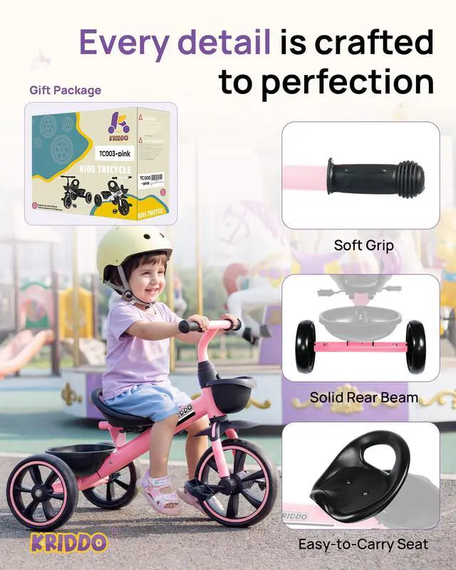 Alt view image 2 of 7 - KRIDDO Tricycle for 2-5 Year Olds - Pink Toddler Trike With Gift for 24 Month to 4 Year Old Girls