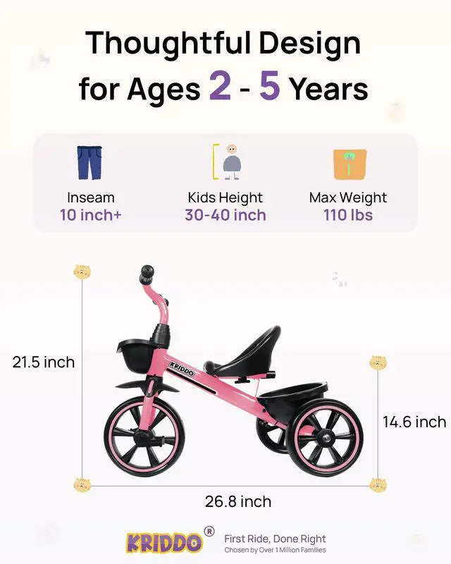 Alt view image 3 of 7 - KRIDDO Tricycle for 2-5 Year Olds - Pink Toddler Trike With Gift for 24 Month to 4 Year Old Girls
