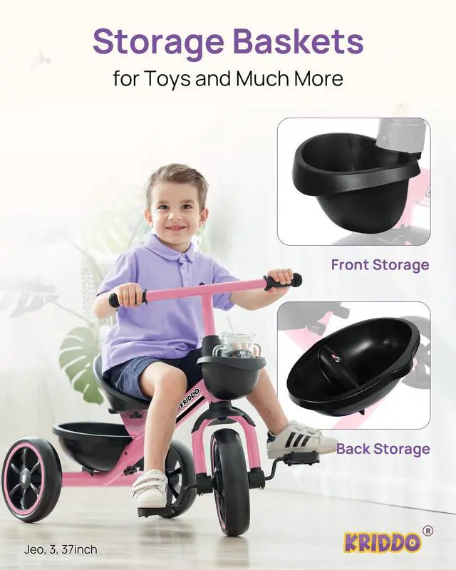 Alt view image 5 of 7 - KRIDDO Tricycle for 2-5 Year Olds - Pink Toddler Trike With Gift for 24 Month to 4 Year Old Girls