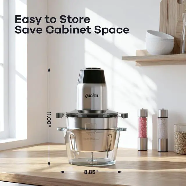 Alt view image 2 of 7 - GANIZA Food Processors, Electric Food Chopper with Meat Grinder & Vegetable Chopper - 2 Bowls (8 Cup+8 Cup) with Powerful 450W Copper Motor - Includes 2 Sets of Bi-Level Blades for Fruits/Meat/Nuts