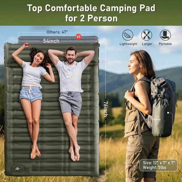 Alt view image 2 of 7 - Elegear CumbreX Double Sleeping Pad for Camping, 5.5" Ultra-Thick Inflatable Camping Sleeping Pad 2 Person with Built-in Foot Pump, Portable Camping Sleeping Mat for Backpacking Hiking Tent, Full