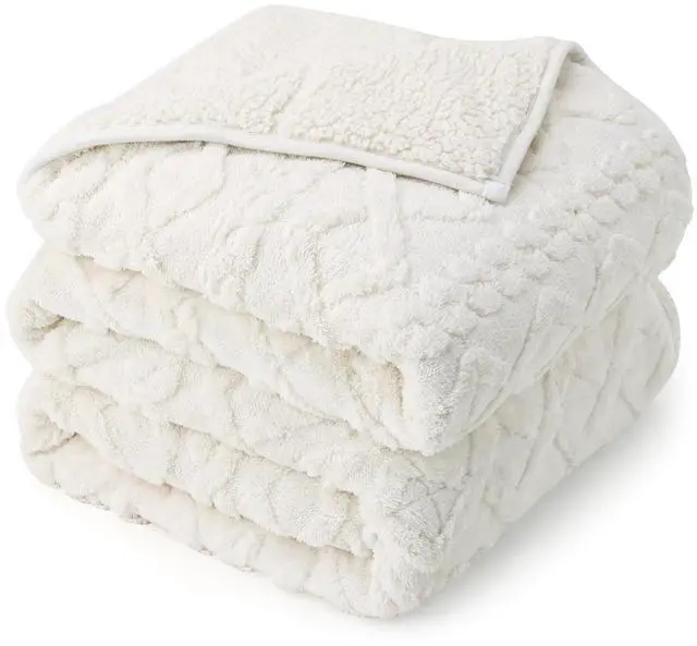 Main image of Drewin Weighted Blanket 15lbs Queen Size, Soft and Thick Jacquard Sherpa Throw Blanket for Calm and Relax, Dual Sided Ultra Cozy Fluffy Heavy Blankets with Ceramic Beads, 60 x 80 inches, Cream White
