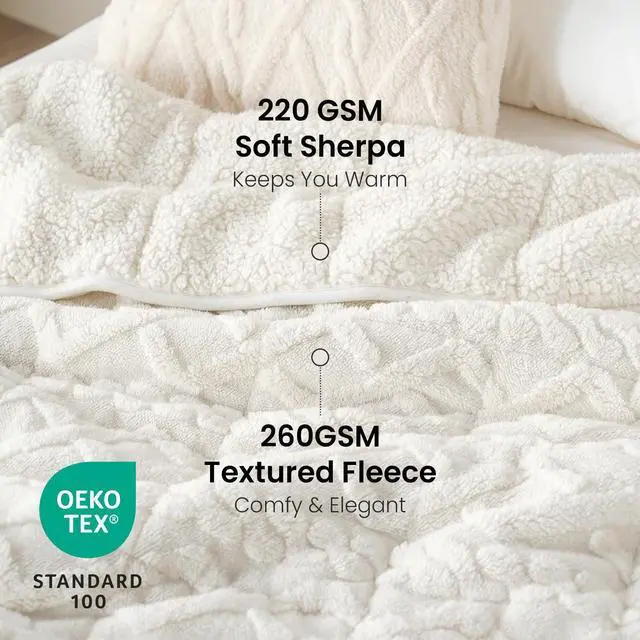 Alt view image 4 of 7 - Drewin Weighted Blanket 15lbs Queen Size, Soft and Thick Jacquard Sherpa Throw Blanket for Calm and Relax, Dual Sided Ultra Cozy Fluffy Heavy Blankets with Ceramic Beads, 60 x 80 inches, Cream White