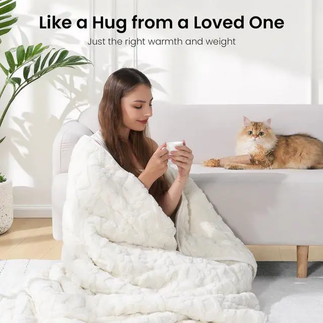 Alt view image 5 of 7 - Drewin Weighted Blanket 15lbs Queen Size, Soft and Thick Jacquard Sherpa Throw Blanket for Calm and Relax, Dual Sided Ultra Cozy Fluffy Heavy Blankets with Ceramic Beads, 60 x 80 inches, Cream White