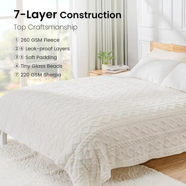 Alt view image 7 of 7 - Drewin Weighted Blanket 15lbs Queen Size, Soft and Thick Jacquard Sherpa Throw Blanket for Calm and Relax, Dual Sided Ultra Cozy Fluffy Heavy Blankets with Ceramic Beads, 60 x 80 inches, Cream White