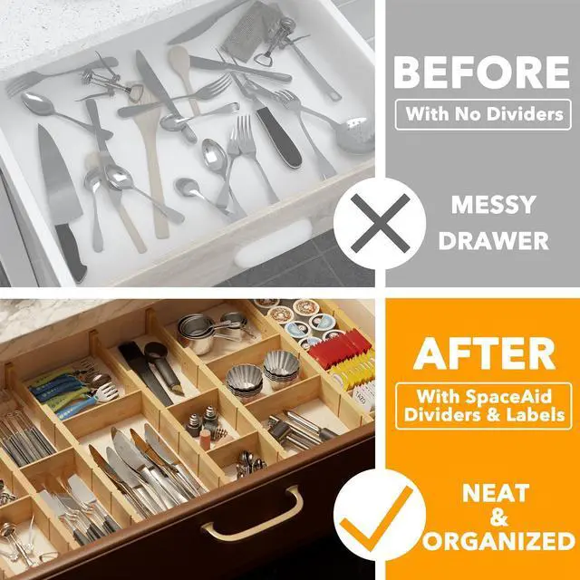 Alt view image 2 of 7 - SpaceAid Bamboo Drawer Dividers with Inserts and Labels, Kitchen Adjustable Drawer Organizers, Expandable Organization for Home, Office, Dressers, 10 Dividers with 24 Inserts (17"-22" Natural)