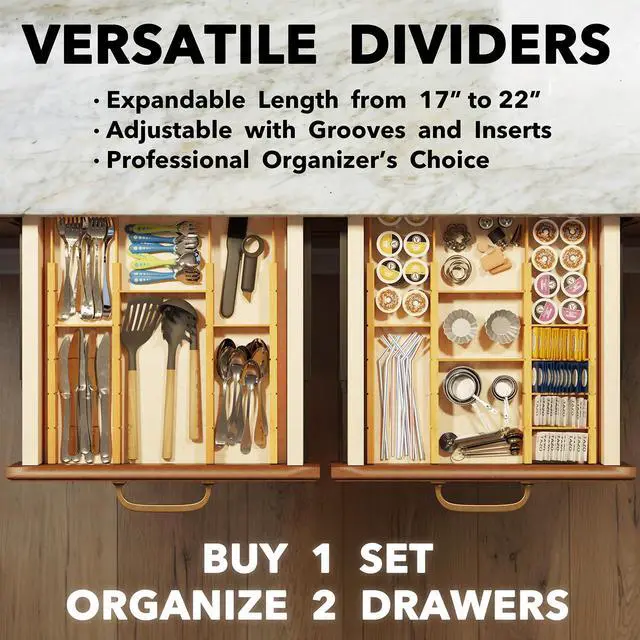 Alt view image 5 of 7 - SpaceAid Bamboo Drawer Dividers with Inserts and Labels, Kitchen Adjustable Drawer Organizers, Expandable Organization for Home, Office, Dressers, 10 Dividers with 24 Inserts (17"-22" Natural)