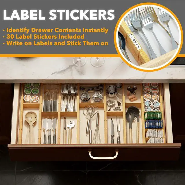 Alt view image 3 of 7 - SpaceAid Bamboo Drawer Dividers with Inserts and Labels, Kitchen Adjustable Drawer Organizers, Expandable Organization for Home, Office, Dressers, 10 Dividers with 24 Inserts (17"-22" Natural)