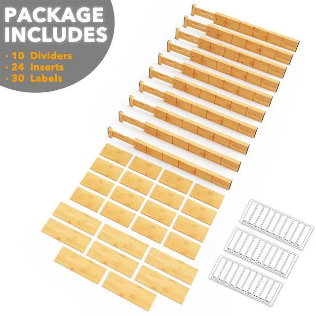 Alt view image 7 of 7 - SpaceAid Bamboo Drawer Dividers with Inserts and Labels, Kitchen Adjustable Drawer Organizers, Expandable Organization for Home, Office, Dressers, 10 Dividers with 24 Inserts (17"-22" Natural)