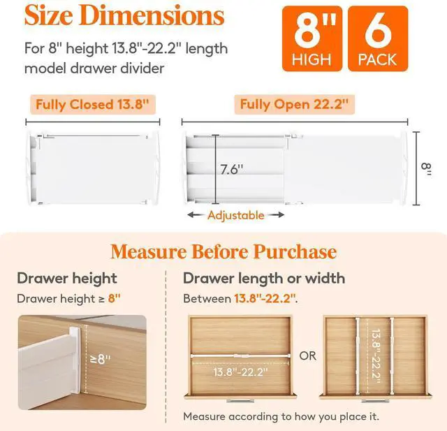 Alt view image 3 of 7 - Lifewit 8" Tall 6 Pack Drawer Dividers, 35-56.5cm/13.8-22.2" Expandable Drawer Divider for Clothes, Adjustable Dresser Drawer Organizers, Drawers Separators for Dresser/Bathroom/Closet/Kitchen White