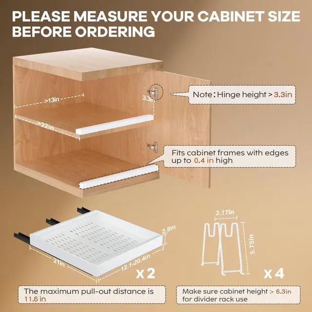 Alt view image 2 of 7 - Seinloes 2Pack Pull out Cabinet Organizer 21"Deep with 4 Adjustable Dividers,Expandable12.1"-20.4"W Pots and Pans Organizer Under Cabinet with Raising Pad for Framed Cabinets,Slide out Drawers,White