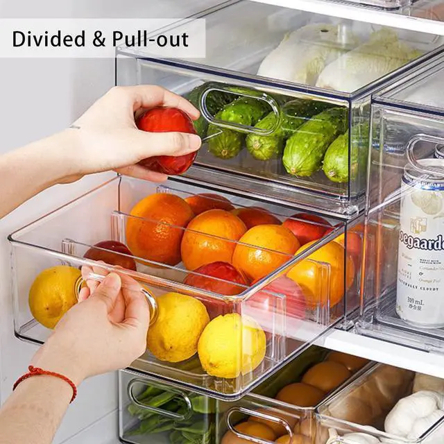 Alt view image 2 of 7 - Mano Fridge Drawer Pull Out Stackable Bins with Handle Clear Refrigerator Drawers Organizer Food Storage Container Box with Dividers Plastic Produce Saver for Pantry, Cabinet, Kitchen, Clothes4Pack