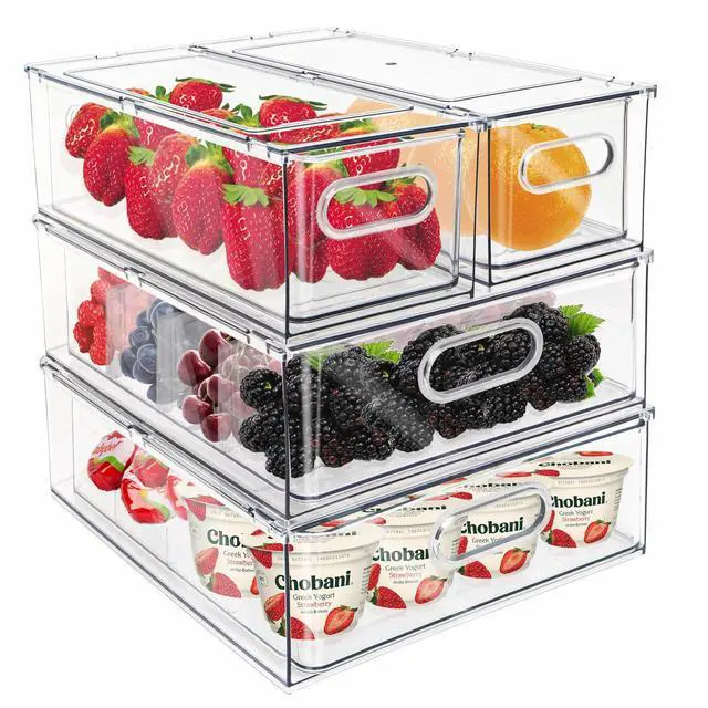 Main image of Mano Fridge Drawer Pull Out Stackable Bins with Handle Clear Refrigerator Drawers Organizer Food Storage Container Box with Dividers Plastic Produce Saver for Pantry, Cabinet, Kitchen, Clothes4Pack