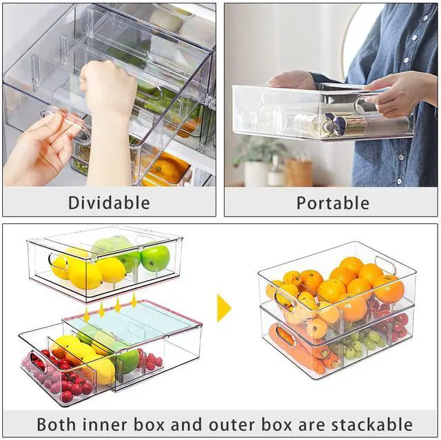 Alt view image 3 of 7 - Mano Fridge Drawer Pull Out Stackable Bins with Handle Clear Refrigerator Drawers Organizer Food Storage Container Box with Dividers Plastic Produce Saver for Pantry, Cabinet, Kitchen, Clothes4Pack