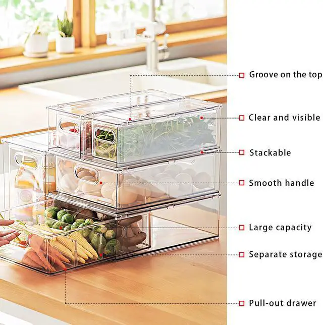 Alt view image 5 of 7 - Mano Fridge Drawer Pull Out Stackable Bins with Handle Clear Refrigerator Drawers Organizer Food Storage Container Box with Dividers Plastic Produce Saver for Pantry, Cabinet, Kitchen, Clothes4Pack