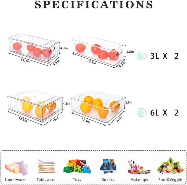 Alt view image 6 of 7 - Mano Fridge Drawer Pull Out Stackable Bins with Handle Clear Refrigerator Drawers Organizer Food Storage Container Box with Dividers Plastic Produce Saver for Pantry, Cabinet, Kitchen, Clothes4Pack