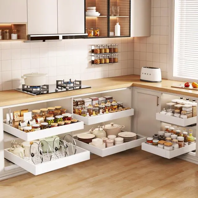 Alt view image 5 of 7 - Seinloes 2Pack Pull out Cabinet Organizer 21"Deep with 4 Adjustable Dividers,Expandable12.1"-20.4"W Pots and Pans Organizer Under Cabinet with Raising Pad for Framed Cabinets,Slide out Drawers,White