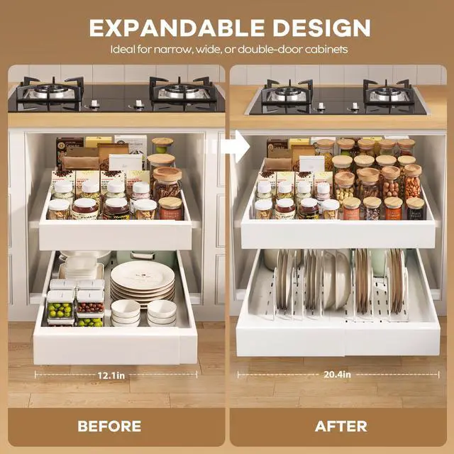 Alt view image 4 of 7 - Seinloes 2Pack Pull out Cabinet Organizer 21"Deep with 4 Adjustable Dividers,Expandable12.1"-20.4"W Pots and Pans Organizer Under Cabinet with Raising Pad for Framed Cabinets,Slide out Drawers,White