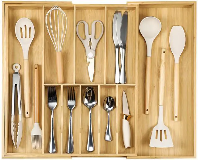 Main image of Fabsome Silverware Organizer for Cabinet Drawer, Expandable from 16.7'' to 30'' Wide Bamboo Wood Flatware Tray for Large Kitchen Drawers, Cutlery Utensil Holder