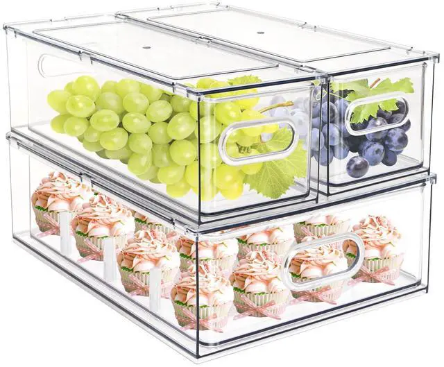 Main image of MineSign Set of 3 Stackable Refrigerator Organizer Bins Pull-Out Drawers for Fruit and Veggies Divided Storage Organizer for Fridge Clear Drawer Containers with Handle for Produce Saver, Eggs, Snack