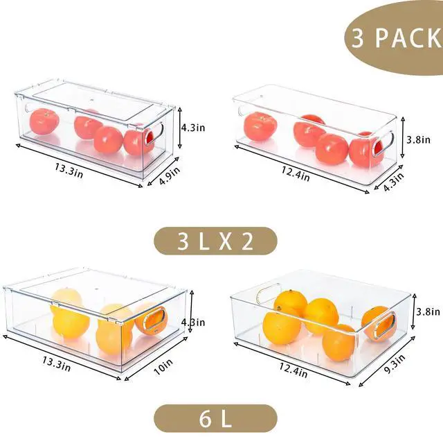 Alt view image 2 of 6 - MineSign Set of 3 Stackable Refrigerator Organizer Bins Pull-Out Drawers for Fruit and Veggies Divided Storage Organizer for Fridge Clear Drawer Containers with Handle for Produce Saver, Eggs, Snack