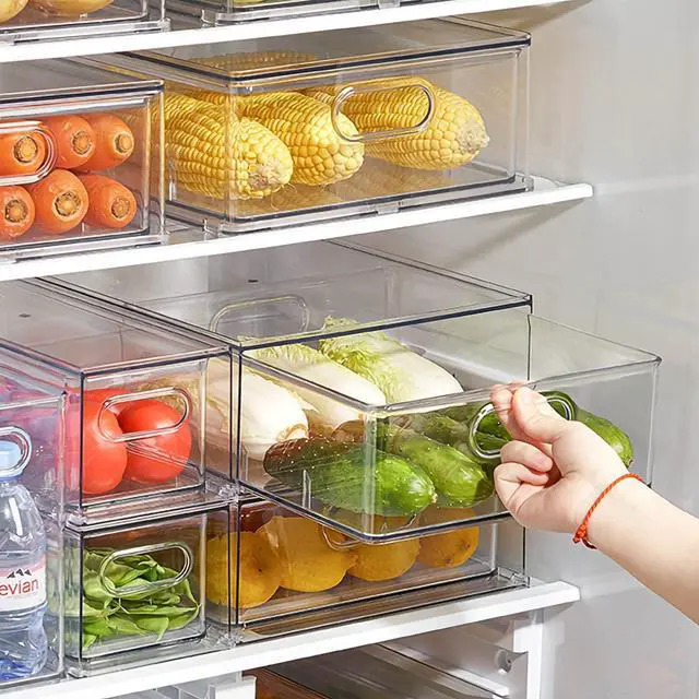 Alt view image 3 of 6 - MineSign Set of 3 Stackable Refrigerator Organizer Bins Pull-Out Drawers for Fruit and Veggies Divided Storage Organizer for Fridge Clear Drawer Containers with Handle for Produce Saver, Eggs, Snack