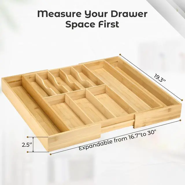 Alt view image 2 of 5 - Fabsome Silverware Organizer for Cabinet Drawer, Expandable from 16.7'' to 30'' Wide Bamboo Wood Flatware Tray for Large Kitchen Drawers, Cutlery Utensil Holder