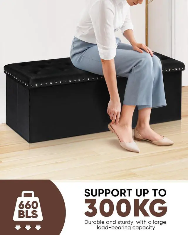 Alt view image 3 of 6 - B FSOBEIIALEO Storage Ottoman Bench, Folding Tufted Ottomans with Storage, Extra Large 140L Storage Boxes Footrest Bench for Bedroom, Luxury Velvet Fabric 43 Inches Black