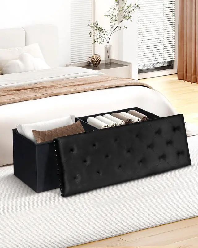 Alt view image 2 of 6 - B FSOBEIIALEO Storage Ottoman Bench, Folding Tufted Ottomans with Storage, Extra Large 140L Storage Boxes Footrest Bench for Bedroom, Luxury Velvet Fabric 43 Inches Black