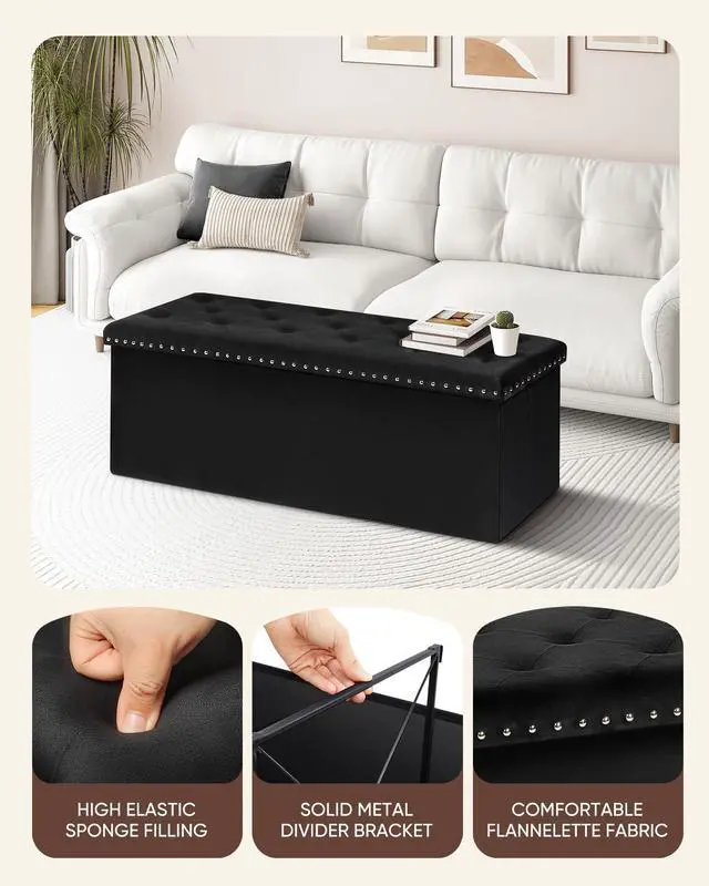 Alt view image 5 of 6 - B FSOBEIIALEO Storage Ottoman Bench, Folding Tufted Ottomans with Storage, Extra Large 140L Storage Boxes Footrest Bench for Bedroom, Luxury Velvet Fabric 43 Inches Black