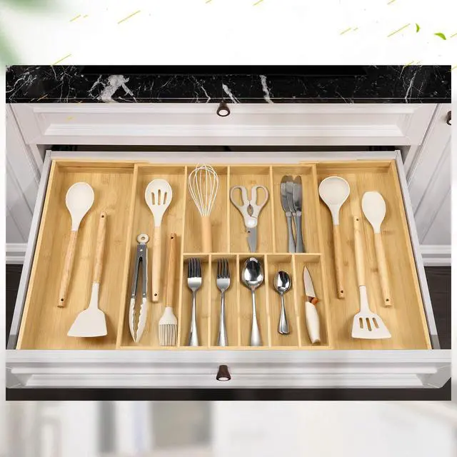 Alt view image 5 of 5 - Fabsome Silverware Organizer for Cabinet Drawer, Expandable from 16.7'' to 30'' Wide Bamboo Wood Flatware Tray for Large Kitchen Drawers, Cutlery Utensil Holder