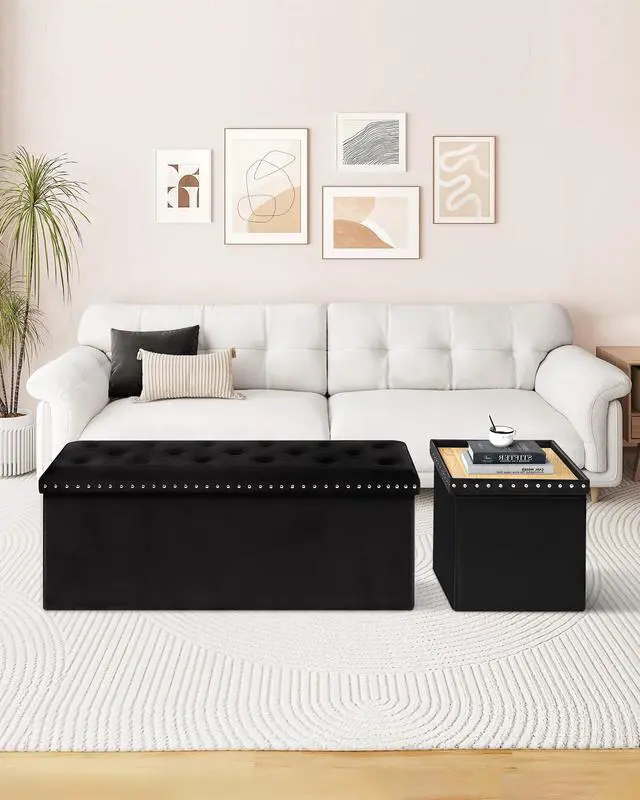 Alt view image 6 of 6 - B FSOBEIIALEO Storage Ottoman Bench, Folding Tufted Ottomans with Storage, Extra Large 140L Storage Boxes Footrest Bench for Bedroom, Luxury Velvet Fabric 43 Inches Black