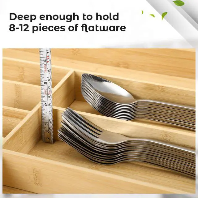 Alt view image 3 of 5 - Fabsome Silverware Organizer for Cabinet Drawer, Expandable from 16.7'' to 30'' Wide Bamboo Wood Flatware Tray for Large Kitchen Drawers, Cutlery Utensil Holder
