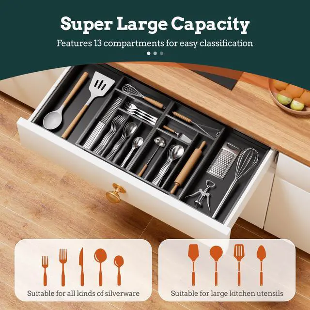 Alt view image 2 of 7 - Silverware Organizer Large, Magnetic Connected Expandable 13 Slots Silverware Drawer Organizer From 21 to 37.4 Inches, Adjustable Flatware and Cutlery Holder, Bamboo Utensil Tray for Kitchen Black