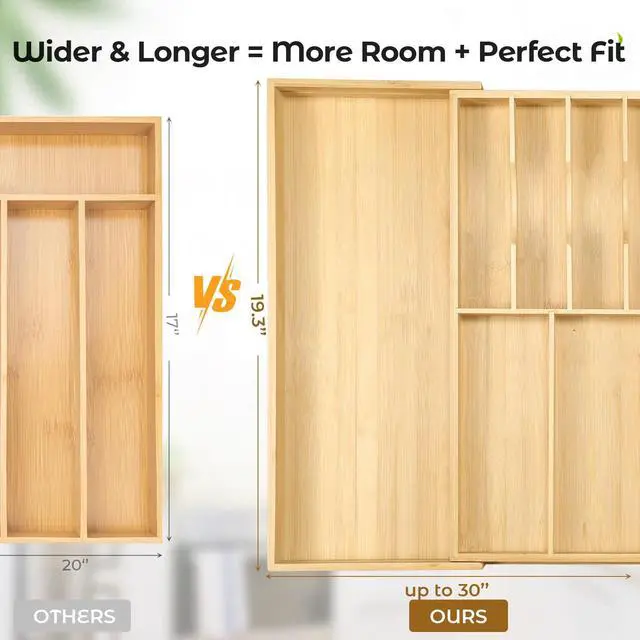 Alt view image 4 of 5 - Fabsome Silverware Organizer for Cabinet Drawer, Expandable from 16.7'' to 30'' Wide Bamboo Wood Flatware Tray for Large Kitchen Drawers, Cutlery Utensil Holder