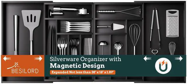 Main image of Silverware Organizer Large, Magnetic Connected Expandable 13 Slots Silverware Drawer Organizer From 21 to 37.4 Inches, Adjustable Flatware and Cutlery Holder, Bamboo Utensil Tray for Kitchen Black