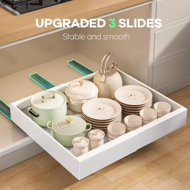 Alt view image 7 of 7 - Seinloes 2Pack Pull out Cabinet Organizer 21"Deep with 4 Adjustable Dividers,Expandable12.1"-20.4"W Pots and Pans Organizer Under Cabinet with Raising Pad for Framed Cabinets,Slide out Drawers,White