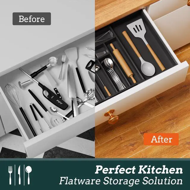 Alt view image 7 of 7 - Silverware Organizer Large, Magnetic Connected Expandable 13 Slots Silverware Drawer Organizer From 21 to 37.4 Inches, Adjustable Flatware and Cutlery Holder, Bamboo Utensil Tray for Kitchen Black
