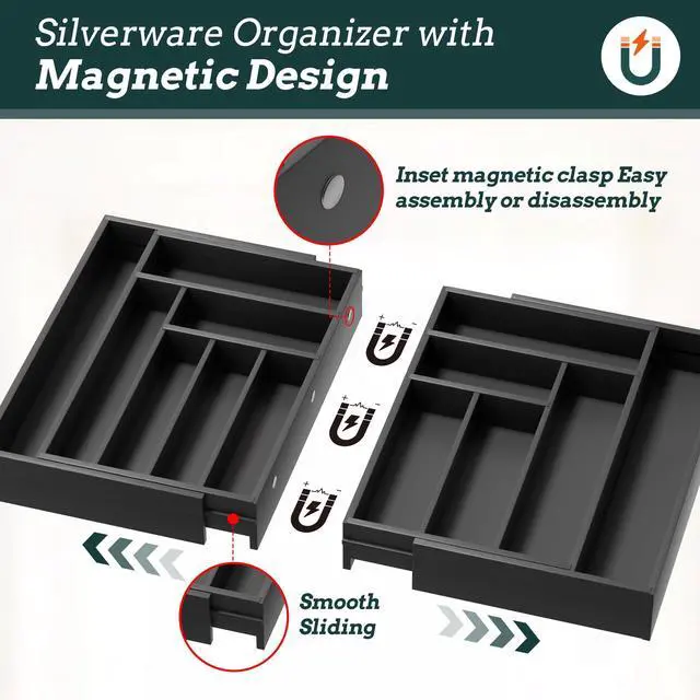 Alt view image 3 of 7 - Silverware Organizer Large, Magnetic Connected Expandable 13 Slots Silverware Drawer Organizer From 21 to 37.4 Inches, Adjustable Flatware and Cutlery Holder, Bamboo Utensil Tray for Kitchen Black