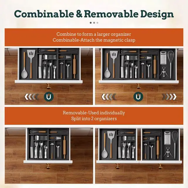 Alt view image 5 of 7 - Silverware Organizer Large, Magnetic Connected Expandable 13 Slots Silverware Drawer Organizer From 21 to 37.4 Inches, Adjustable Flatware and Cutlery Holder, Bamboo Utensil Tray for Kitchen Black