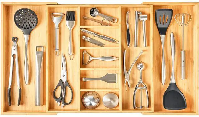 Main image of Umilife Extra Large Expandable Kitchen Drawer Organizer for Utensil and Junk, 19" Deep for Big Drawer, 19" to 33" Adjustable Bamboo Wood Drawer Divider, Cutlery Tray, Flatware Holder