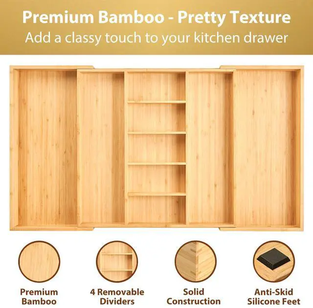 Alt view image 3 of 6 - Umilife Extra Large Expandable Kitchen Drawer Organizer for Utensil and Junk, 19" Deep for Big Drawer, 19" to 33" Adjustable Bamboo Wood Drawer Divider, Cutlery Tray, Flatware Holder