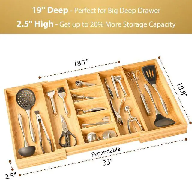 Alt view image 2 of 6 - Umilife Extra Large Expandable Kitchen Drawer Organizer for Utensil and Junk, 19" Deep for Big Drawer, 19" to 33" Adjustable Bamboo Wood Drawer Divider, Cutlery Tray, Flatware Holder