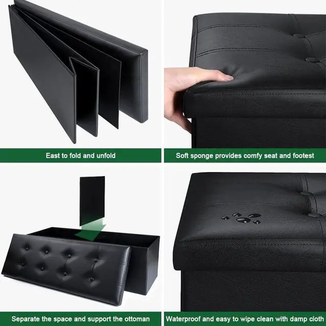 Alt view image 6 of 7 - Camabel 43 Inch Folding Storage Ottoman Bench 125L Hold up 700lbs Ottoman with Storage Chest Foam Seat Padded Foot Rest Stool Faux Leather Bedroom Bench with Storage Coffee Table Black