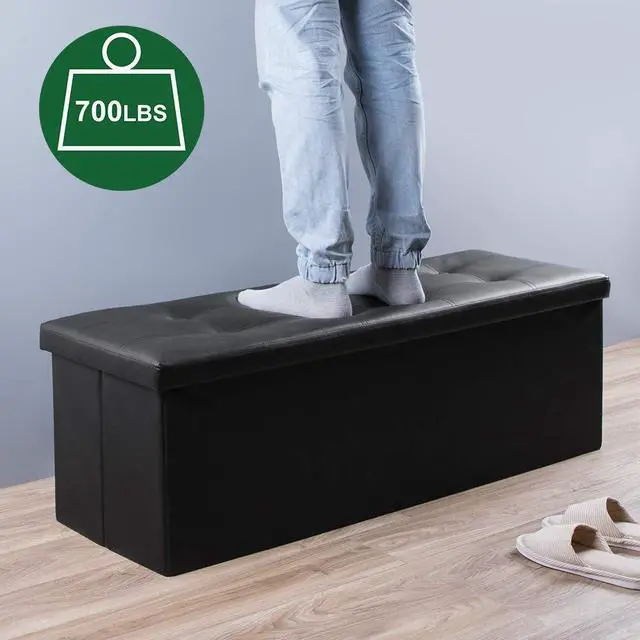 Alt view image 3 of 7 - Camabel 43 Inch Folding Storage Ottoman Bench 125L Hold up 700lbs Ottoman with Storage Chest Foam Seat Padded Foot Rest Stool Faux Leather Bedroom Bench with Storage Coffee Table Black
